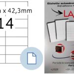 Scatola 100 fogli Etichette 105x42,3 adesive bianche universali, 105x42,3 mm senza margini, DIN A4, stampabili con tecnologia laser ink-jet, anche per fotocopiatrici