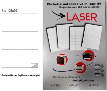 Scatola 100 fogli Etichette 105x99 adesive bianche universali, 105x99 mm senza margini, DIN A4, stampabili con tecnologia laser ink-jet, anche per fotocopiatrici